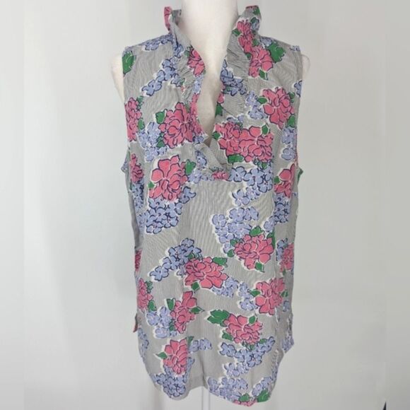 Crown & Ivy Curvy Blue Pink Floral Striped Ruffle Neck Sleeveless Blouse 1X NWT - Picture 1 of 12